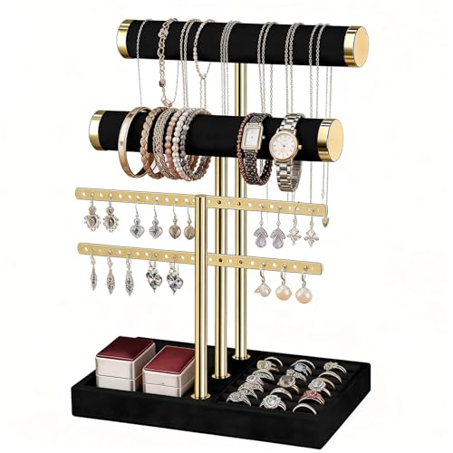 Smyckesställ Kvinnor i 3 Nivåer, Smyckeshållare, Justerbart Organiseringsstativ med Armbandshållare, Smyckesförvaring för Halsband, Örhängen, Ringar, Klockor och Andra Smycken (Svart)