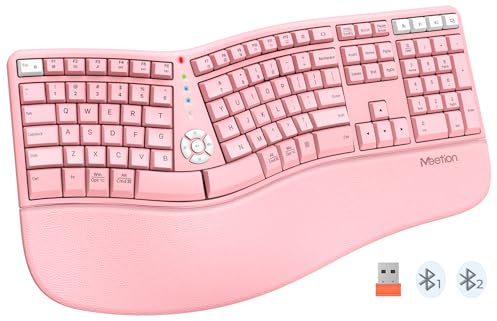 MEETION Ergonomic Keyboard with Cushioned Wrist Rest, Bluetooth Wireless Keyboard Rechargeable, Split Curved Keyboards Natural Typing, Full Size Multi-OS Windows/Mac, Computer/Laptop/Tablet/, Pink