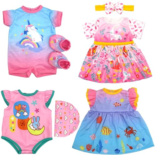4 Set 33-40cm Puppenkleidung: Strampler, Kleid, Mütze, Socken, Stirnband | 4 komplette Outfits für 13–16 Zoll Puppen für fantasievolles Puppenrollenspiel (Ohne Puppe)