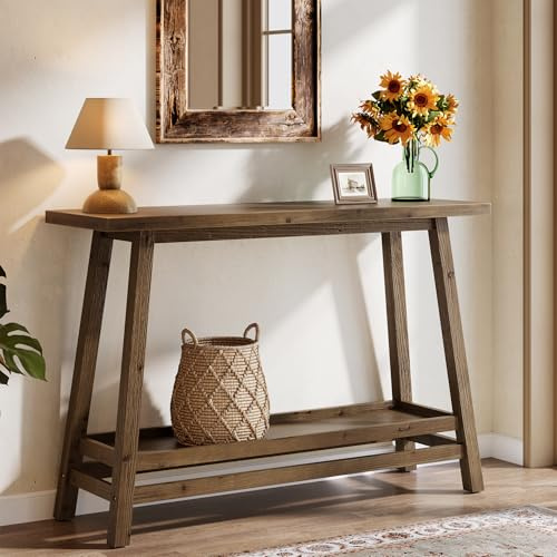 Tribesigns Konsolentisch 105cm mit Lagerung, 2-Tier Massiveholz Schmal Eingangstisch mit Regal, Bauernhaus Sofatisch Hinter Couch für Foyer Flur Wohnzimmer, Rustikal Braun