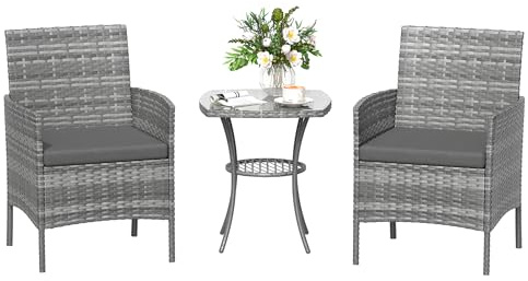 Amopatio Ensemble de meubles de jardin en rotin 3 pièces - Petit salon de jardin extérieur résistant aux intempéries - Table de bistrot avec 2 chaises - Meubles de terrasse pour terrasse, balcon, Gris