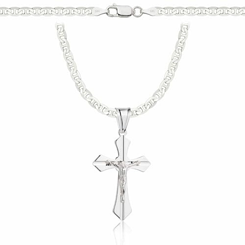 ZELYA Cadena de plata con cruz de plata 925 para niñas y niños – Cadena de comunión con cruz de 45 cm, cadena infantil para comunión y bautizo, caja de regalo con grabado