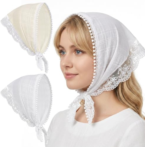 2 Pcs Lace Bandana, Floral Lace Head Scarf Elegant Triangle Laces Headband for Women Summer Hair Accessories (White and Beige)