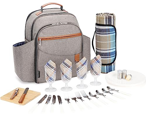 HappyPicnic Isolierter Picknick-Rucksack für 4 Personen mit komplettem Geschirr-Set, geräumiges Kühlfach, Flaschenhalter und großer wasserdichter Picknickdecke (gebürstetes Khaki) MEHRWEG