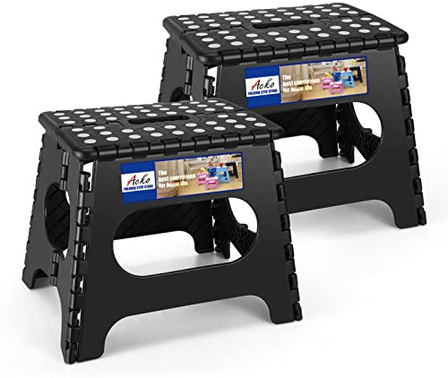 ACKO 11 inch Folding Step Stool Lightweight Plastic Step Stool - 2 Pack - Foldable Step Stools for Adults,Non Slip Folding Stools for Kitchen Bathroom Bedroom (Black, 2 Pack)