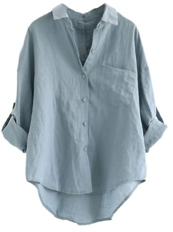 Minibee Women's Linen Blouse High Low Shirt Roll-Up Sleeve Tops Blue M