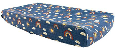 Bebe au Lait Premium Muslin Changing Pad Cover-Elasticized Fit, Safety Strap Holes,2-Layer Open-weave,100% Cotton Muslin, Fits Standard Baby Changing Pad up to 36 X 18 X 6-One Size, Hello Sunshine