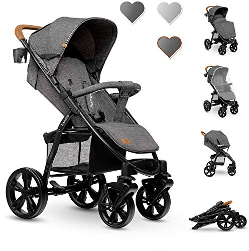 LIONELO Annet Plus poussette bebe à 22 kg, auvent avec fenêtre, roues EVA, chancelière moustiquaire porte-gobelet, réglage du dossier jusqu’à la position couchée (Gris, STANDARD)