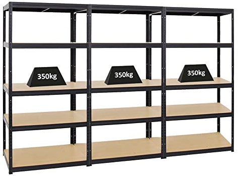 PROREGAL Mega Deal 3er-Set Schwerlastregale Slim Elephant 180x90x60cm mit 5 Ebenen Fachlast 350kg Schwarz