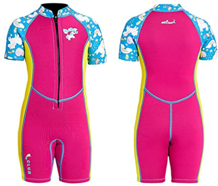 YuanDiann Traje de neopreno para niños (2,5 mm, neopreno, térmico, con cremallera, manga corta, para natación, surf, una sola pieza, corto, traje de buceo, traje de esnórquel, color morado y rojo, 1#