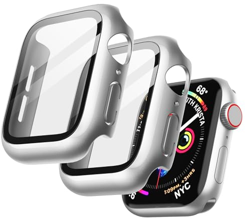 JETech Hülle mit Displayschutz Kompatibel mit Apple Watch SE (2022/2020) /Series 6 5 4 40 mm, Gesamt Schutzhülle, Eingebaut Gehärtetes Glas Schutzfolie Hoch Empfindlichkeit, 2 Stück (Silber)