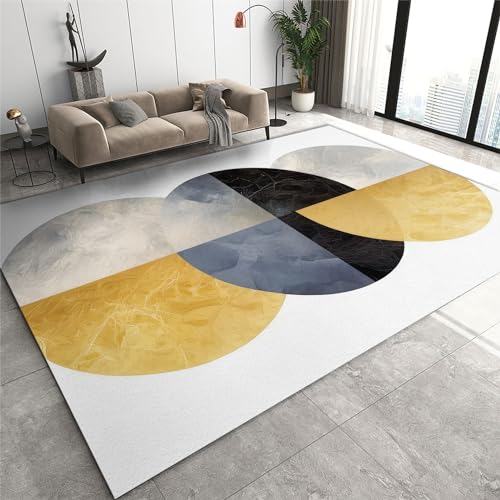 WTVBHF Einzigartiger üBerlappender Kunstteppich Mit Geometrischen Kreisen In Weiß Gelb Trendiger Rutschfester Teppich, weicher Kurzflorteppich, geeignet für Kinder- und Schlafzimmer-80x150cm