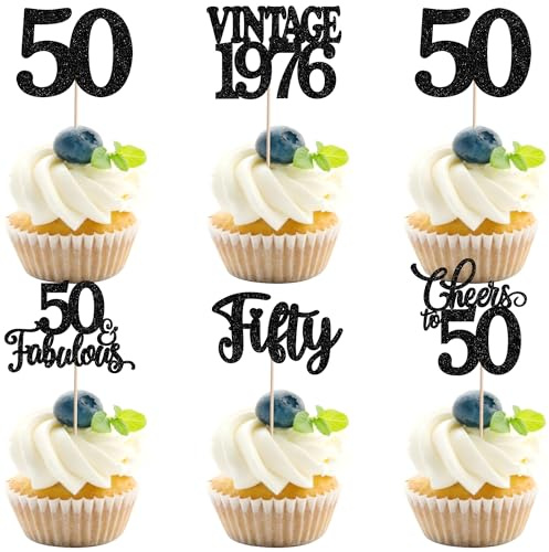 30 Pack Happy 50th Birthday Cupcake Toppers Glitter Hello 50 Fifty Vintage 1976 Cupcake Picks Cheers to 50 Party Decorations for 50th Birthday Anniversary Party Cake Black
