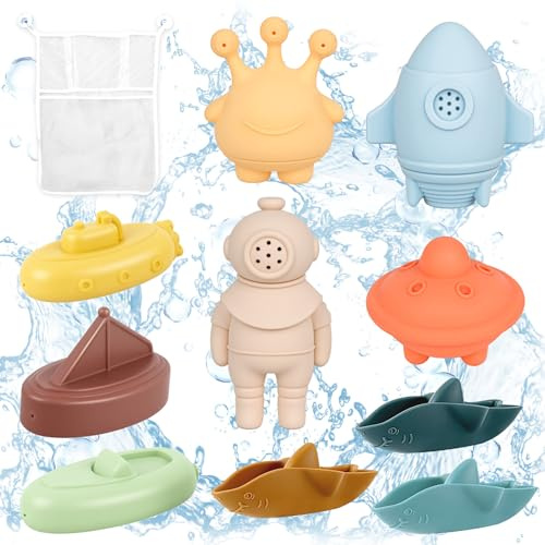 BITOYO Juguetes Bañera para Bebe, 11 Piezas Juguete de Baño Silicona, Juguetes Montessori Niños Niñas 1 2 3 4 Año, Juegos de Agua Bebe Squeeze Toys Estimulación Sensorial Juguetes de Playa Apilable
