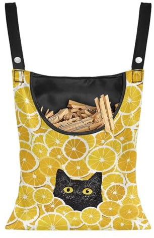 Buxolandt Clothes Pegs Bag Yellow Lemon Print Storage Peg Holder Sliding on Clothesline Hangable Clothespin for Bedroom Balcony