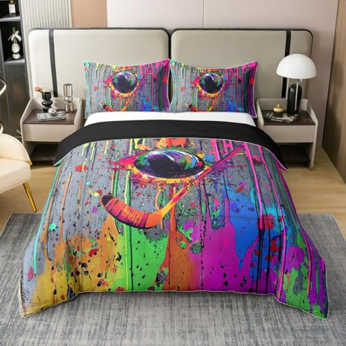 jejeloiu Ice Hockey Duvet Cover 100% Cotton Full Size Boys Girls Golf Bedding Set Breathable Soft Color Graffiti Hip Hop Style Comforter Cover 3Pcs Sports Themed Bedroom Decor Zipper Closure