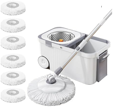 YUMEHDVHE Juego De Trapeador Rotatorio con 6 Cabezales De Repuesto Y Cubo, Mango Extensible, Deshidratación Automática Manos Libres, Limpieza De Pisos De Microfibra(White)