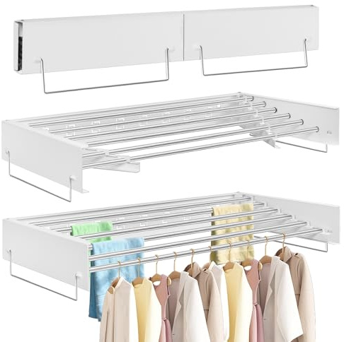 FREEAMG Stendibiancheria da parete con 6 barre, stendibiancheria pieghevole per interni ed esterni, 6 metri di lunghezza di essiccazione, risparmio di spazio, bianco (100 cm)
