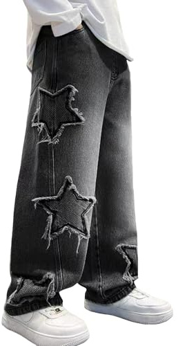 Happy Cherry Jeans Larghi Bambini in Denim Pantaloni Baggy Elastico in Vita con Tasche Casual Hip Hop Dritto Vintage Nero Pants per Ragazzi 13-14 Anni