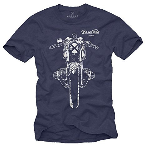 MAKAYA T-Shirt Cafe Racer - Boxer Twin R100 - Camiseta Moto Hombre Custom Motorcycle Azul M