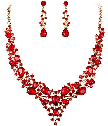 EVER FAITH Damen Schmuckset Brautschmuck Set Kristall Blume Blatt Rebe Teardrop Hochzeit Halskette Ohrringe Rot Gold-Ton