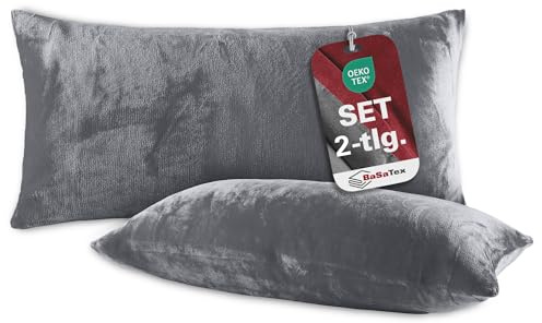BaSaTex Plüsch Kissenbezug, 2er Pack, 40x80 cm, Anthrazit | Winter Plüsch, Kuschelig Weich, Öko_Tex Zertifiziert, Cashmere-Touch