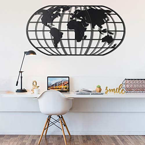 Tubibu Moderne Wandkunst, 100% Metall, metallische Weltkarten-Globe, Größe (60 x 120 cm) – Wandbehang für Wohnzimmer, Schlafzimmer, Wohnheim (Black)