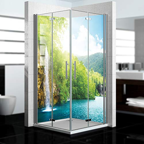 Dedeco 2x Premium Bad Duschrückwand mit Motiv: Wasserfall V9, 90x200cm, wasserfest, hochwertig fugenlose Wandverkleidung aus 3mm-Alu-Verbundplatte, Fliesenersatz ohne Bohren, Made in Germany