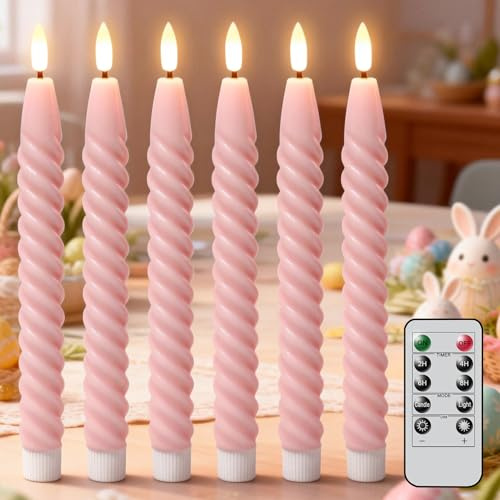 Lasumora Pink Easter Flameless Taper Candles Pastel Flickering with Remote Timer, 3D Wick LED Spiral Wedding Candles Battery Operated 6 Pack Real Wax Home Birthday Spring Easter Decorations