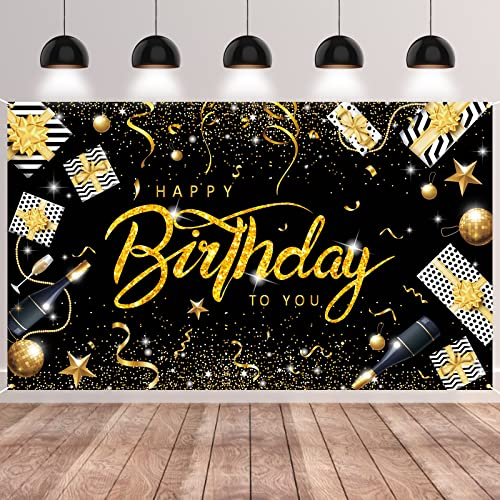 GRESATEK Schwarzes Gold Happy Birthday Banner, Geburtstag Party Deko, Extra Großes Poster Drinnen und Draußen, Geburtstagsdeko Hintergrund