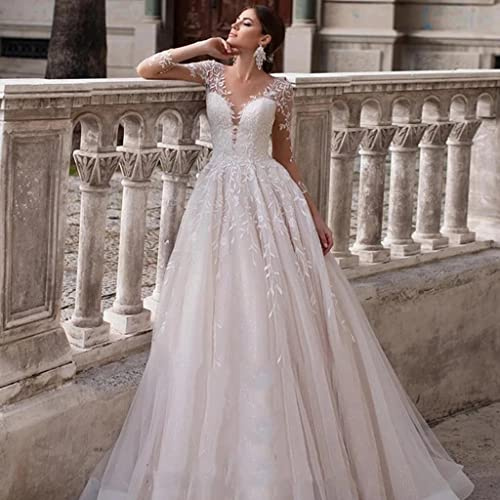 CongMing-huajia Vestito da Sposa Abito da Sposa Lungo Donna Matrimonio in Linea Manica Lunga con Scollo A V Elegante Schiena Nuda Abito da Sposa in Pizzo A Strascico Applique Bianco White 50