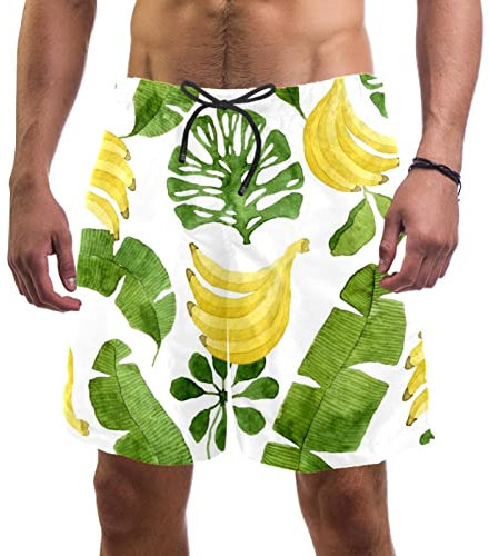 WOSHJIUK Herren-Shorts,Badehose,schnell trocknend,hellgelbe Bananen und grüne Blätter,Board Short Outdoor Walk Beach Bademode