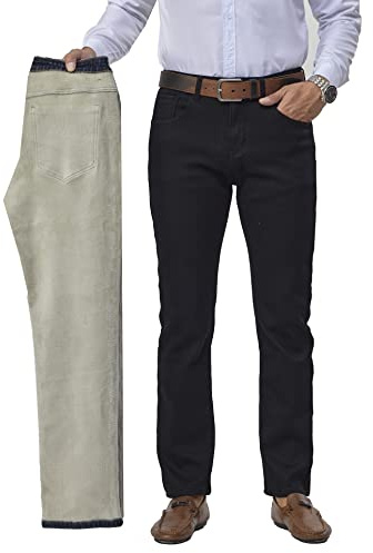 heipeiwa Men's Fleece Lined Winter Thermal Jeans Straight Leg Warm Casual Business Denim Pants