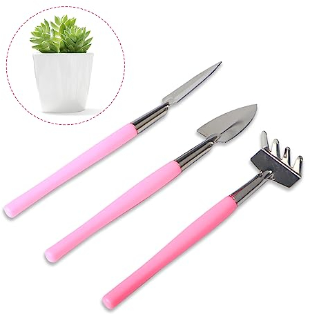 LuckyOpt Set di 3 attrezzi da giardinaggio in acciaio inox, pala, rastrello, vanga, mini attrezzi da giardino per piante grasse in vaso, fiori, strumento da giardinaggio manuale per giardinieri