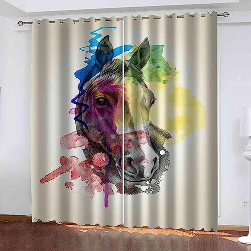 Vorhang Kinderzimmer Gemaltes Doodle-Pferd Kinder Vorhänge Mit Ösen Polyester Gardinen Thermovorhang Blickdicht Ösenschal Kindergardinen 280 X 250 cm (B X H) Für Wohnzimmer,2Er Set