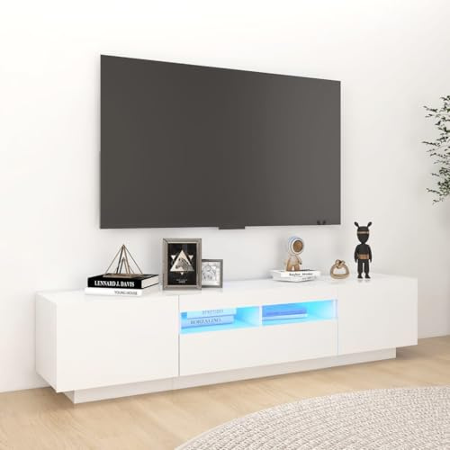 Higsose Meuble TV Salon avec Lumières LED RVB Blanc 180x35x40 cm Bois d'ingénierie Armoire Multimédia Rangement Ample Ranger Soigneusement Lecteur DVD Appareil de Streaming Console de Jeu