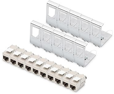 DIGITUS Hutschienen-Adapter – 10 Stück – Mit 10x Cat6A Keystone-Modul – 45° Gewinkelt – Edelstahl – Offenes Gehäuse