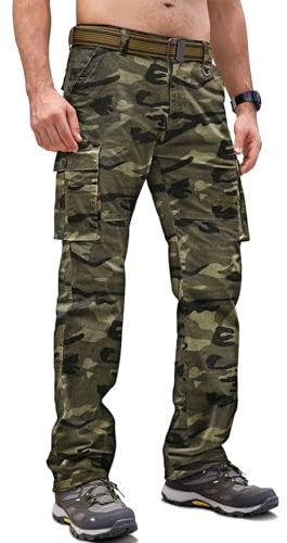 Cindeyar Cargohose Herren Relaxed Fit Baumwolle Wanderhose Herren Casual Arbeitshosen Männer Outdoor Militär Taktische Hosen mit Multi Taschen(Camouflage Grün,XXL)