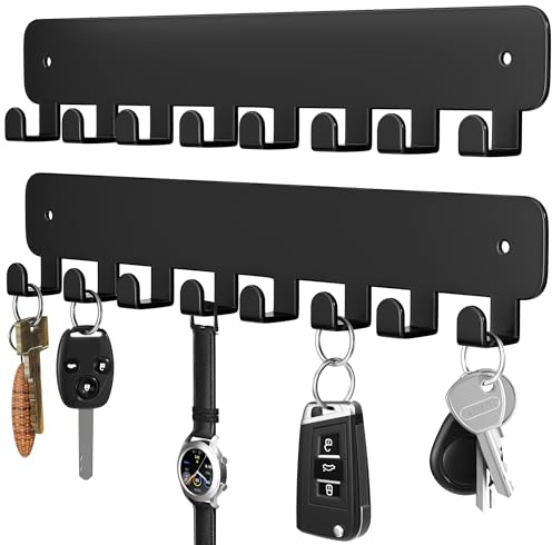 pickpiff Key Holder Wall Mount, Adhesive Key Rack with 8 Hooks Hanger for Car Key Ring, Metal Key Chain Organizer, Black 2 Pack