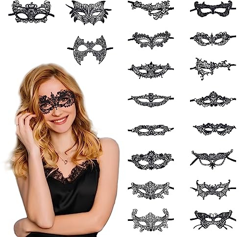 19 Stück Spitze Maskerade Venezianische Augenmaske - Sexy Schwarze Lace Maske für Damen - Karneval, Fasching, Masquerade Party, Cosplay