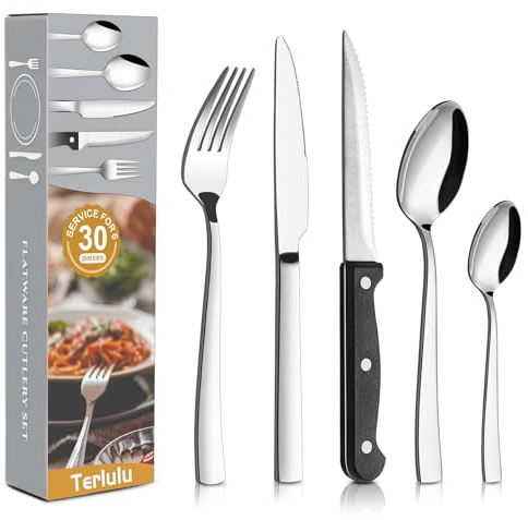 Terlulu 30 Piece Cutlery Sets with 6 Piece Steak Knives, Stainless Steel 30-Piece Silver Cutlery Flatware Set, Dinnerware Fork Knife Spoon Set Service for 6, Mirror Finished & Dishwasher Safe