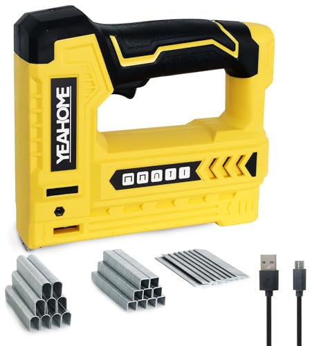 YEAHOME Pistola grapadora eléctrica, pistola grapadora inalámbrica 5 en 1 para tapicería con 1800 grapas y clavos, kit de clavadora de 3.7 V con cargador USB y removedor de grapas para madera,