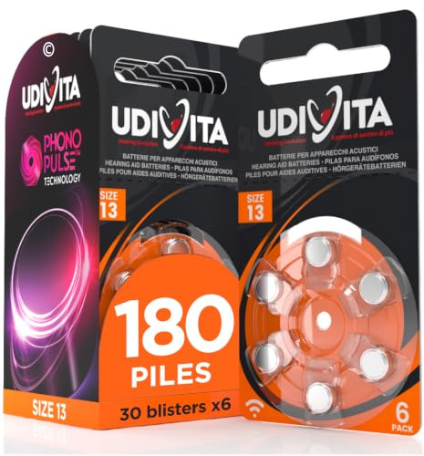 180 Batteries for Udivita Hearing Aids Size 13 with Phono Pulse Technology - 30 Blister Packs of 6 Batteries
