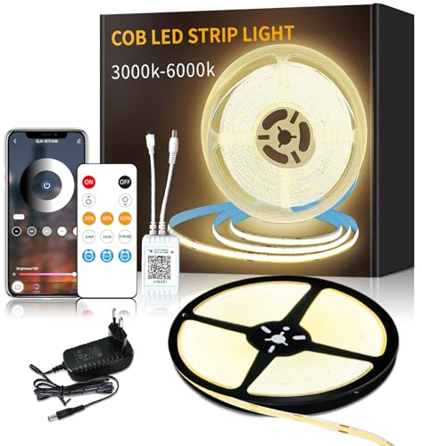 Yeewhale cob Led strip 10m,APP Steuerung,mit Fernbedienung,flexible Dimmbar cob LED Streifen, DC24V 3000k Warmweiß LED band, anwendbar auf Schlafzimmer, Raum,DIY Dekoration