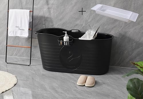 Schwänlein® Mobile Bathtub, Ideal for The Small Bathroom, 122x54x59cm, Maximum Size. (122cm, Black+White Stand)