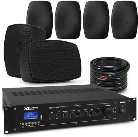 Power Dynamics BHW30BK Commercial Music System – Weatherproof Wall Mounted Speakers with Bluetooth Mixer Amplifier, Indoor/Outdoor Background Audio System (6x 3-Inch, Black)