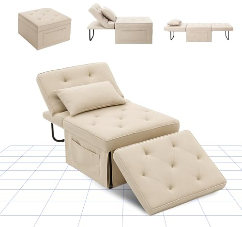 FLEXISPOT Poltrona Relax Pieghevole 3 in 1, Sedia a Sdraio Trasformabile con Funzione Letto, Portata 300 kg,Beige, 72×69×35 cm