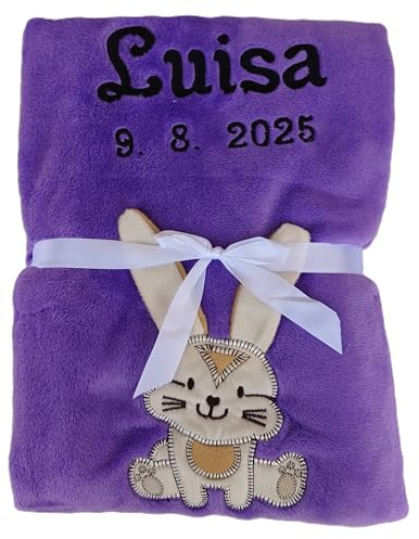 Wuff-Dogsworld Kuschelig weiche Babydecke für Mädchen, mit Namen und Geburtsdatum Bestickt, personalisierte Kuscheldecke, viele Motive & Farben, Geschenk zur Geburt (lila Hase)