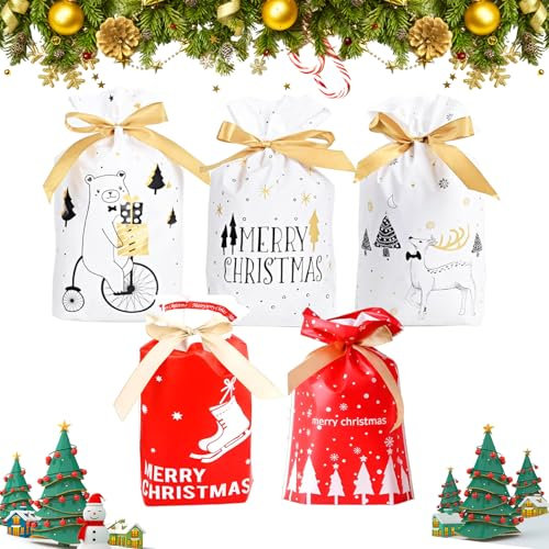 Hugwish 30 Geschenkbeutel Weihnachten Mit Kordelzug, Weihnachtstüten, Weihnachtssackerl, Weihnachtsgeschenktüten, Weihnachtsverpackung Tüten Partytüten Geschenktüten Tüten SüßIgkeiten