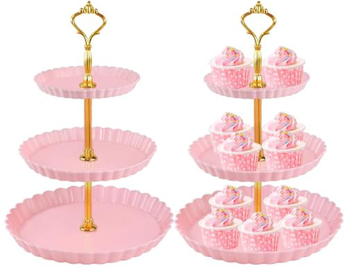 Alzata in plastica a 3 ripiani per cupcake, dessert, cupcake, torte, frutta, caramelle, per matrimoni, feste di compleanno, tea party e baby shower (rosa)